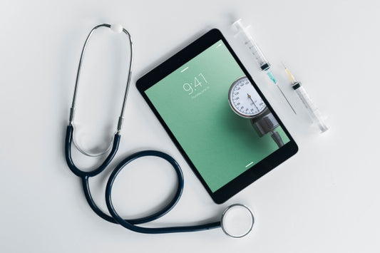 Free Tablet Mockup With Medical Elements Psd