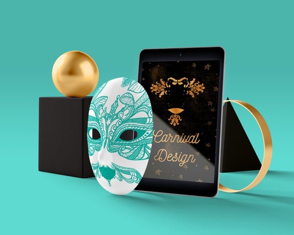 Free Tablet With Carnival Theme Beside Mask Psd