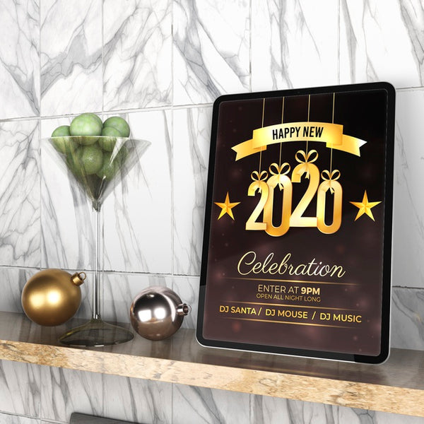 Free Tablet With New Year Message On Shelf Psd