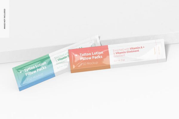 Free Tattoo Lotion Pillow Packs Mockup Perspective Psd