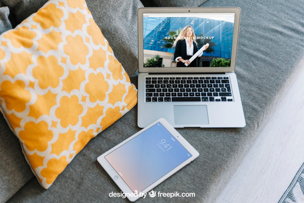 Free Technology Mockup With Laptop And Tablet On Couch Psd