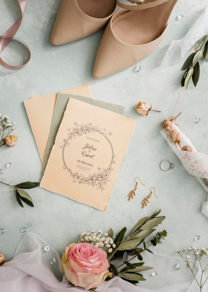 Free Top View Arrangement Of Wedding Elements With Invitation Mock-Up Psd