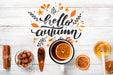 Free Top View Autumn Arrangement On Wooden Background Psd