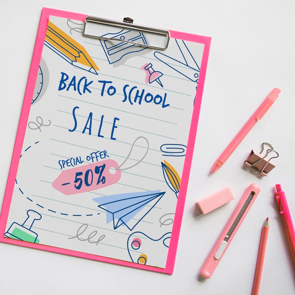Free Top View Back To School Sale With Clipboard And Supplies Psd