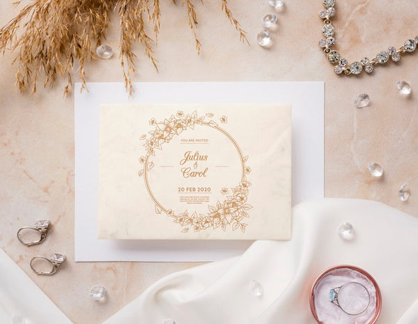 Free Top View Beautiful Arrangement Of Wedding Elements With Invitation Mock-Up Psd