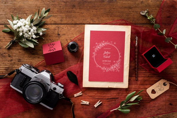 Free Top View Beautiful Composition Of Wedding Elements With Card Mock-Up Psd