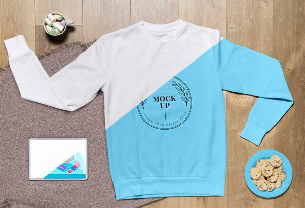 Free Top View Blue Hoodie Mock-Up With Cookies And Tablet Psd
