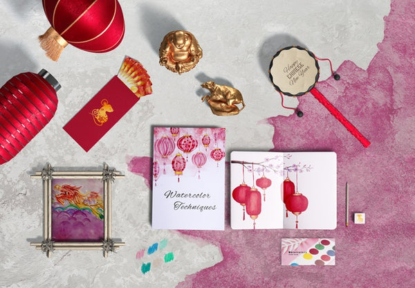 Free Top View Chinese New Year Accessories And Notebook Psd