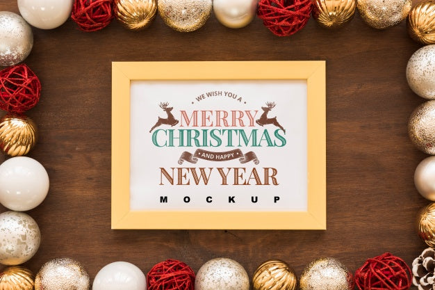 Free Top View Christmas Composition With Frame Mockup Psd