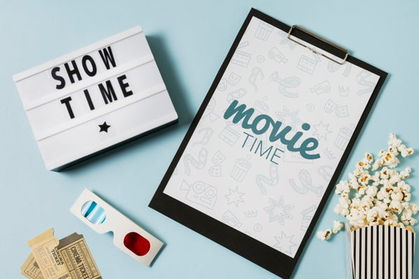 Free Top View Cinema Arrangement With Clipboard Mock-Up Psd