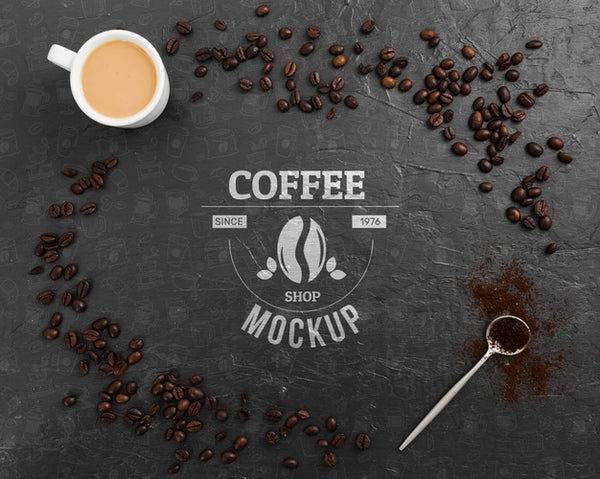 Free Top View Coffee Beans And Cup Of Coffee Mock-Up Psd