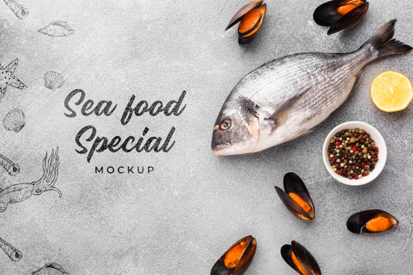 Free Top View Delicious Sea Food Arrangement With Mock-Up Psd