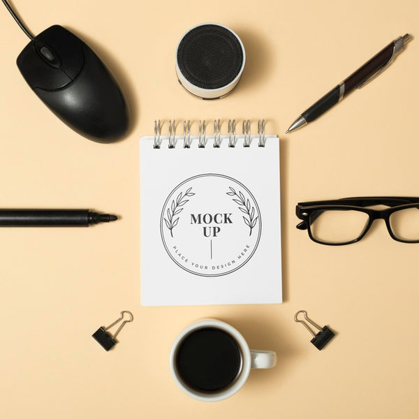 Free Top View Desk Mock-Up With Mouse Psd