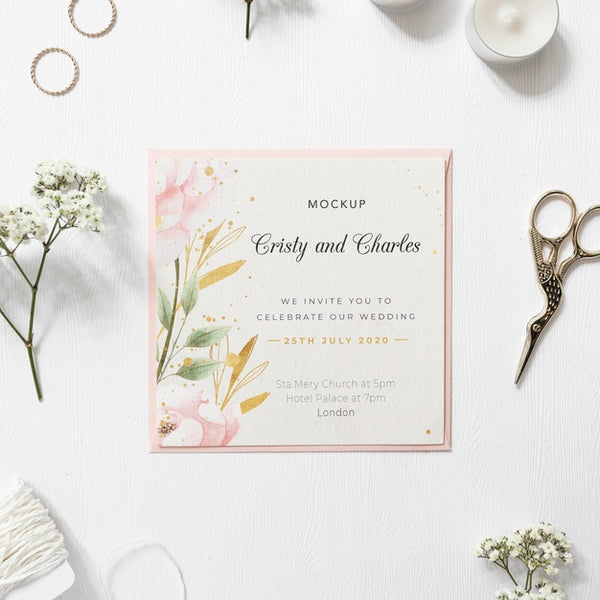 Free Top View Elegant Wedding Invitation With Mock-Up Psd