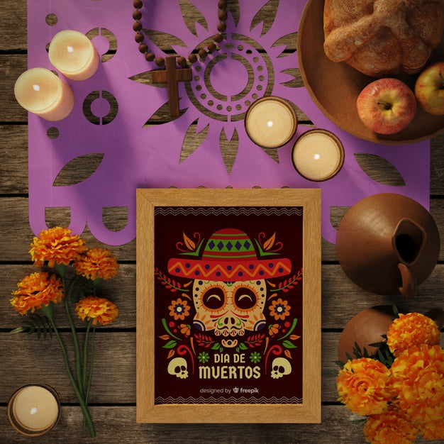 Free Top View Floral Skull With Flowers And Candles Psd