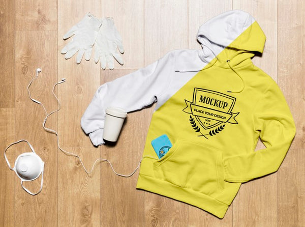 Free Top View Hoodie Mock-Up With Coffee Cup, Protection Gloves And Mask Psd