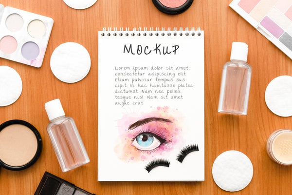 Free Top View Make-Up Cosmetics Arrangement With Notepad Mock-Up Psd