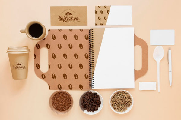 Free Top View Notebook And Coffee Beans Psd