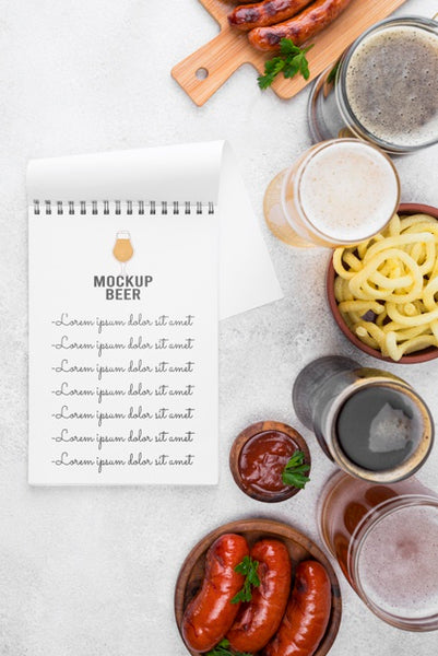 Free Top View Of Beer Glasses With Snacks Psd