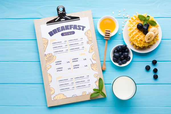 Free Top View Of Breakfast Food With Blueberries And Waffles Psd