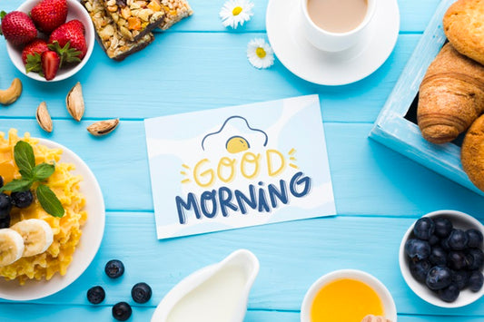 Free Top View Of Breakfast Food With Waffles And Croissants Psd