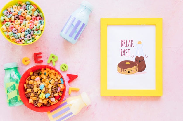 Free Top View Of Colorful Cereals And Frame On Plain Background Psd