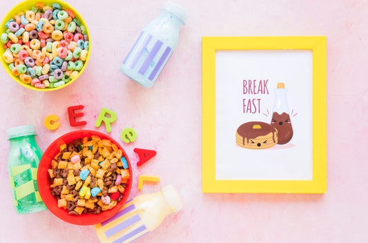 Free Top View Of Colorful Cereals And Frame On Plain Background Psd
