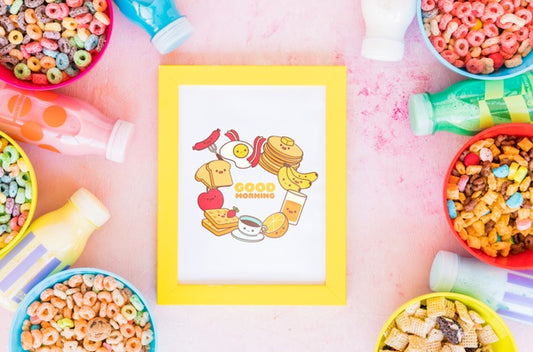 Free Top View Of Colorful Cereals And Frame On Plain Background Psd