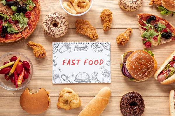 Free Top View Of Delicious Fast Food On Wooden Table Psd