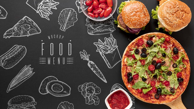 Free Top View Of Fast Food On Black Background Mock-Up Psd