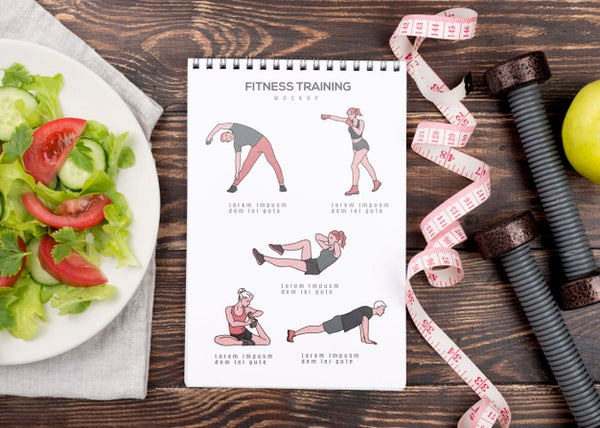 Free Top View Of Fitness Notebook With Measuring Tape And Weights Psd