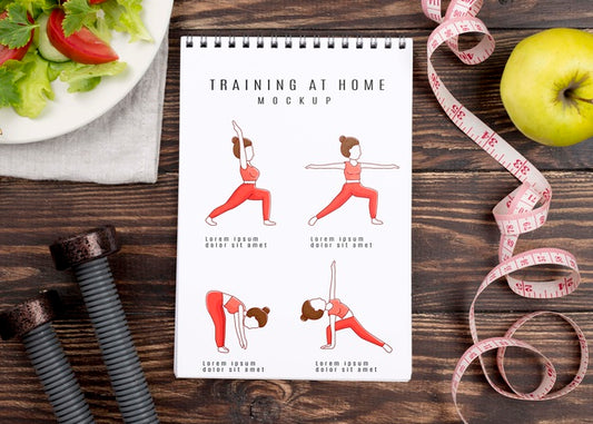 Free Top View Of Fitness Notebook With Weights And Measuring Tape Psd