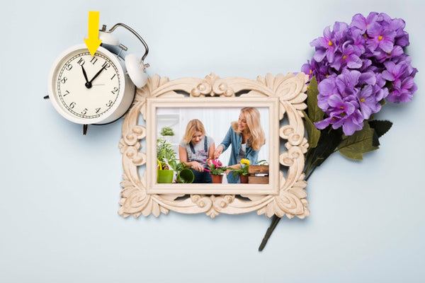Free Top View Of Frame With Flowers And Clock Psd