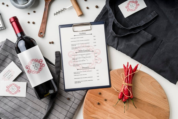 Free Top View Of Menu With Wine Bottle And Chili Peppers Psd