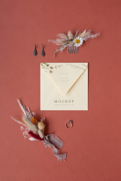 Free Top View Of Mock-Up Rustic Paper Wedding Invitation With Leaves And Flowers Psd
