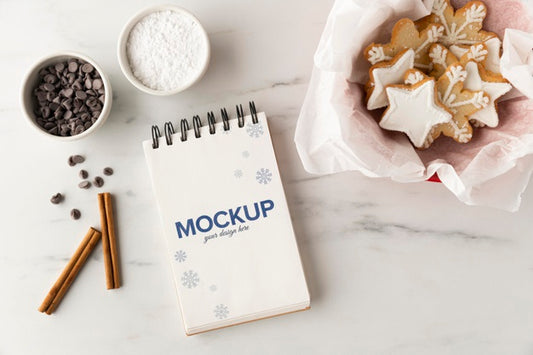 Free Top View Of Notebook With Star Cookies And Chocolate Chips Psd