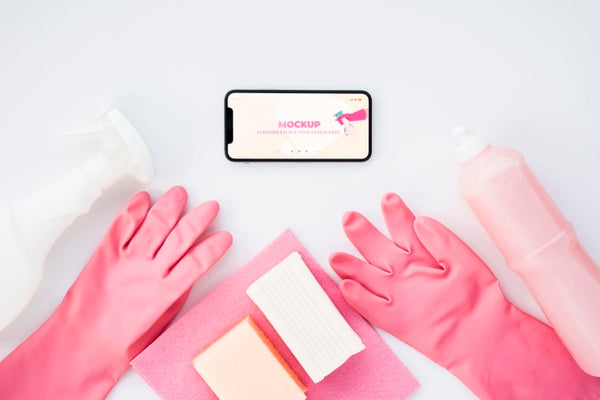 Free Top View Of Smartphone And Cleaning Gloves Psd