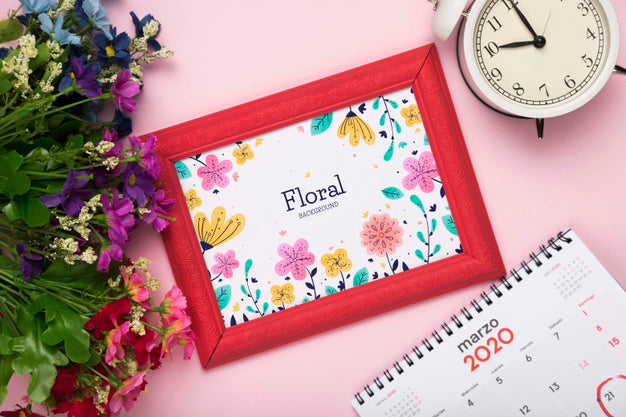 Free Top View Of Spring Flower With Calendar And Frame Psd