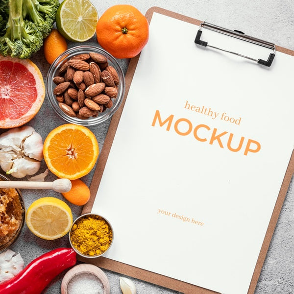 Free Top View On Food For Defenses With Notebook Mockup Psd