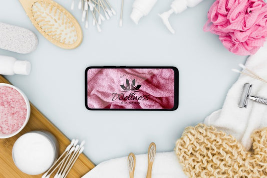 Free Top View Spa Center Mock-Up And Smartphone Psd