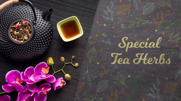 Free Top View Special Tea Herbs With Colorful Flowers Psd