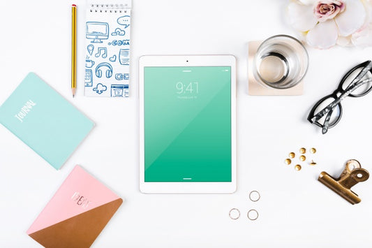 Free Top View Tablet Mockup On Workspace Psd