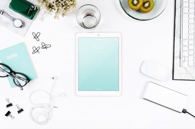 Free Top View Tablet Mockup On Workspace Psd
