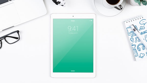 Free Top View Tablet Mockup On Workspace Psd