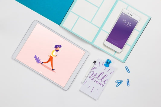 Free Top View Tablet Mockup With Desk Elements Psd