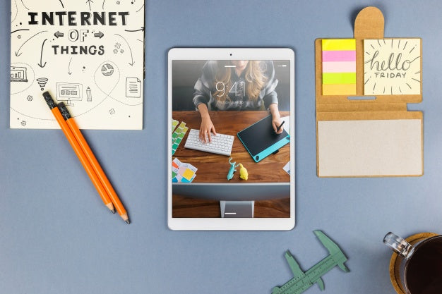 Free Top View Tablet Mockup With Desk Elements Psd