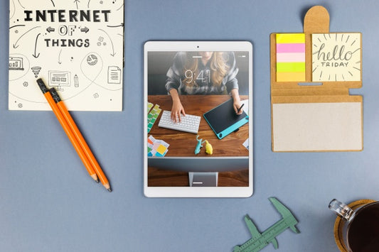 Free Top View Tablet Mockup With Desk Elements Psd