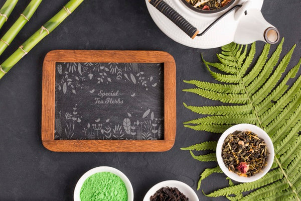 Free Top View Tea Pot And Herbs With Frame Psd