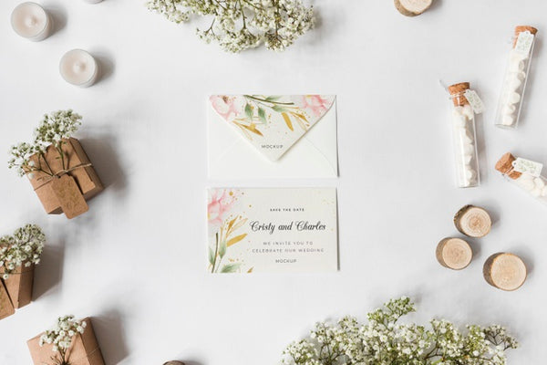 Free Top View Wedding Invitation With Mock-Up Psd