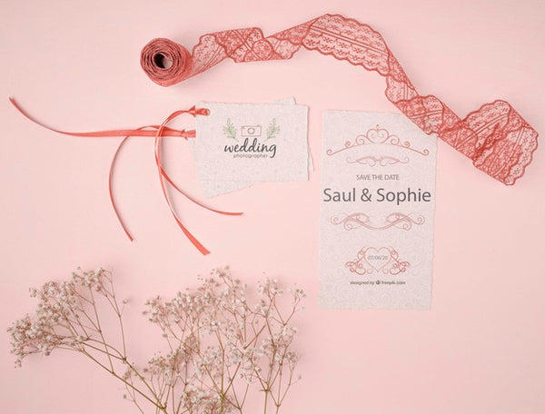 Free Top View Wedding Invitation With Ribbon Psd